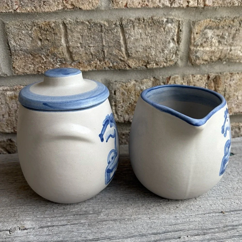 MA Hadley Pottery Prancing Blue Horse Sugar Bowl With Lid & Creamer Oversized
